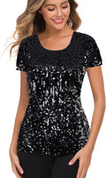 Womens Full Sequin Top S-4X - Sparkle Short Sleeve Party Blouse