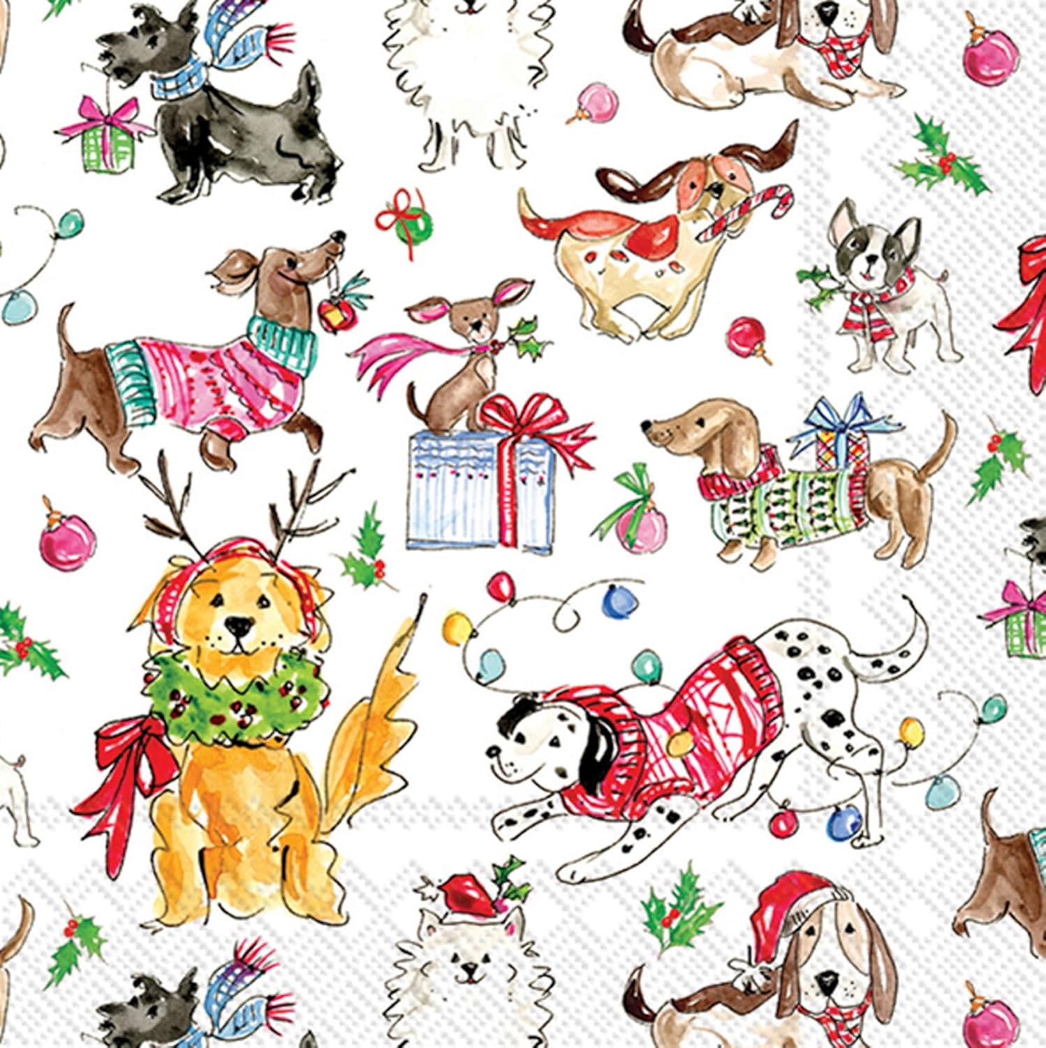 Christmas Dogs Cocktail Napkins - Festive Disposable 3-Ply Party Pack
