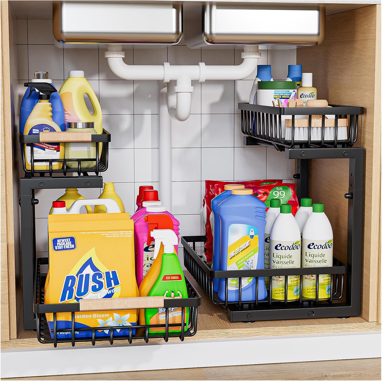 Under Sink Organizer 2 Pack Adjustable Storage for Kitchen & Bath