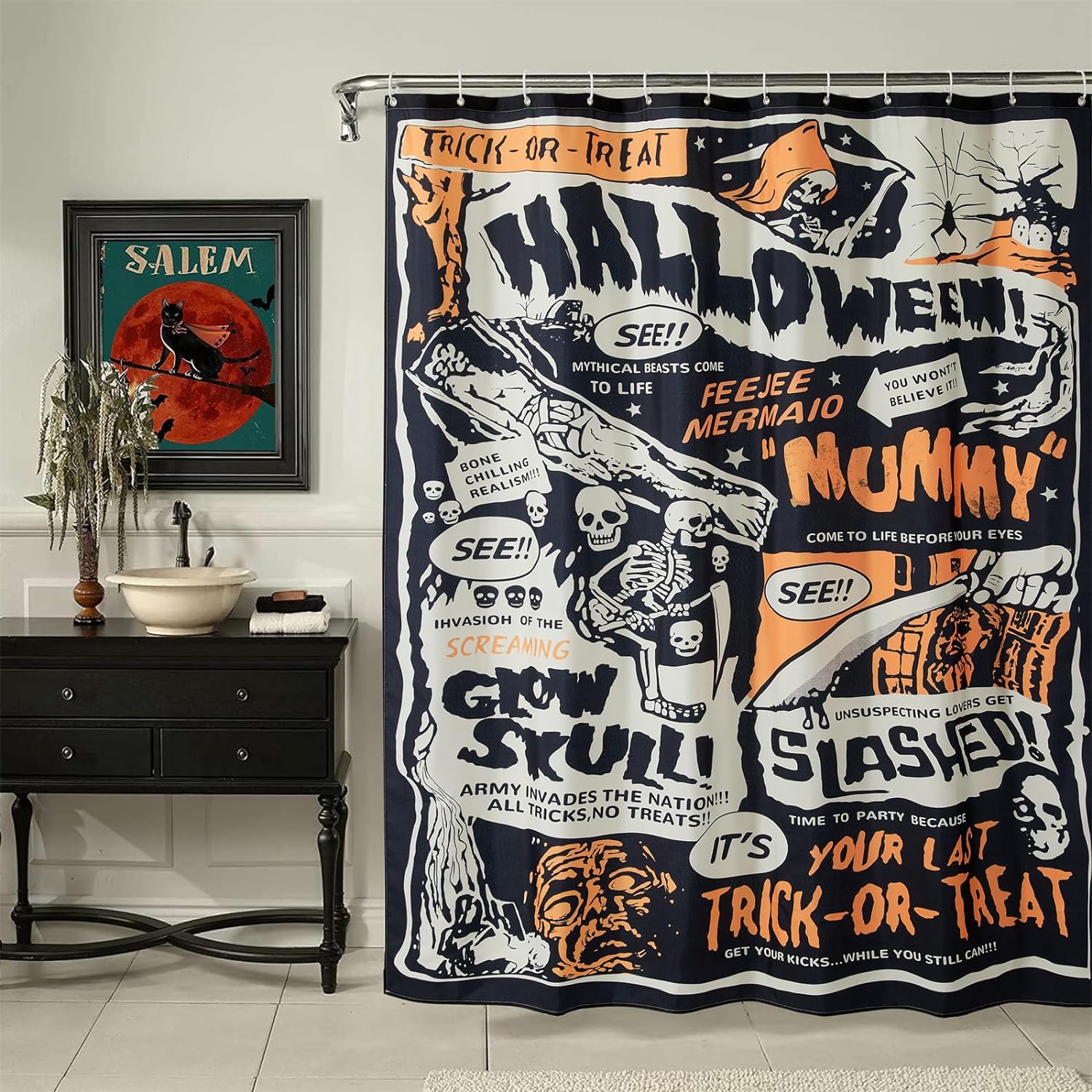Spooky Skeleton Halloween Shower Curtain Set