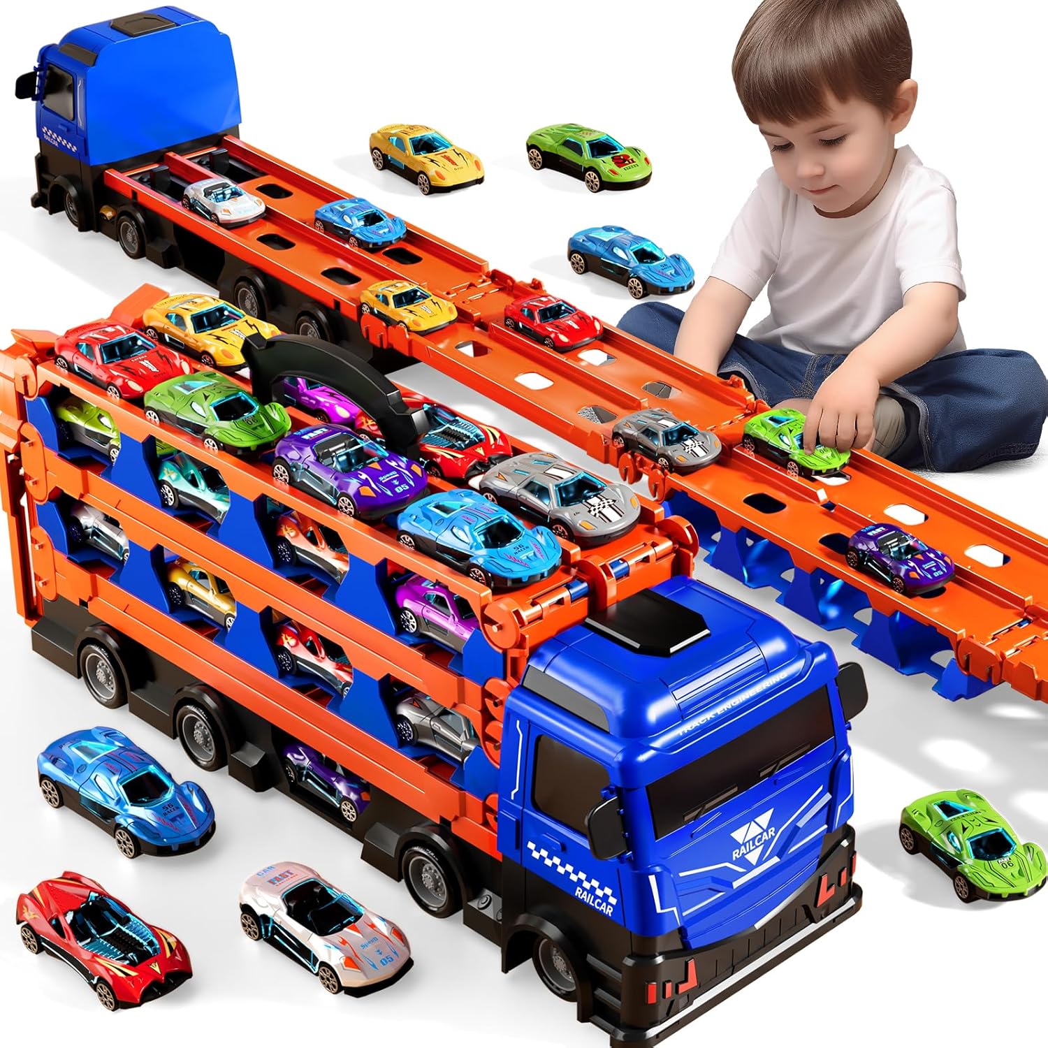 Toy Truck for Kids with 78-Inch Race Track and Die-Cast Cars