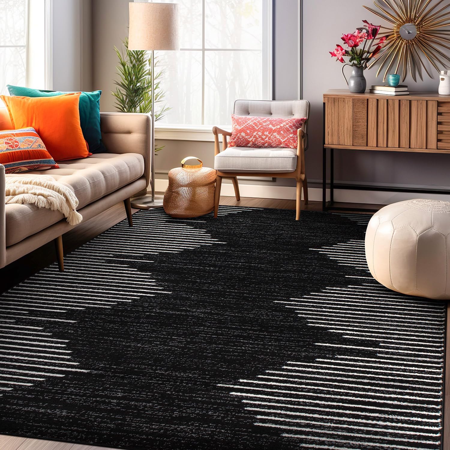 Stain Resistant Bohemian Stripe Area Rug 5'x7' Black