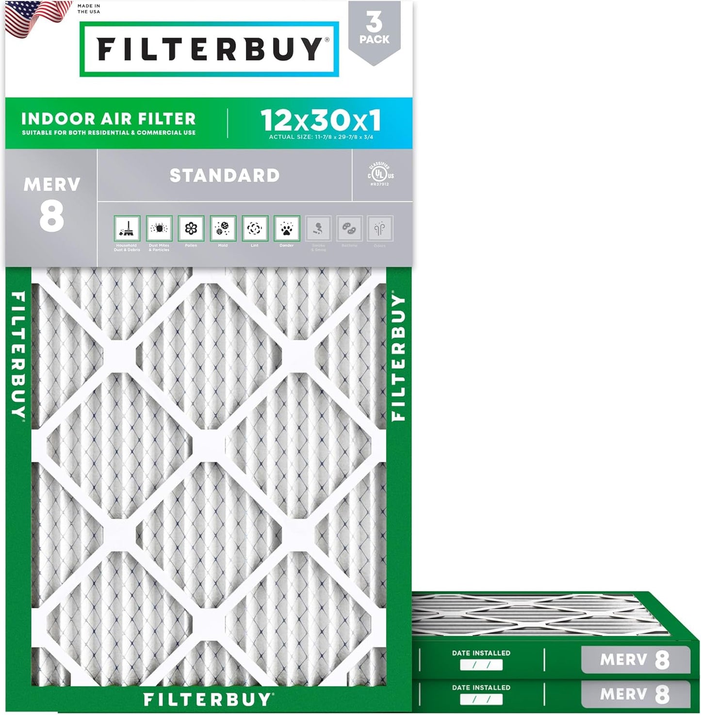 Filterbuy 12x30x1 Air Filter MERV 8 for Dust & Allergy Defense