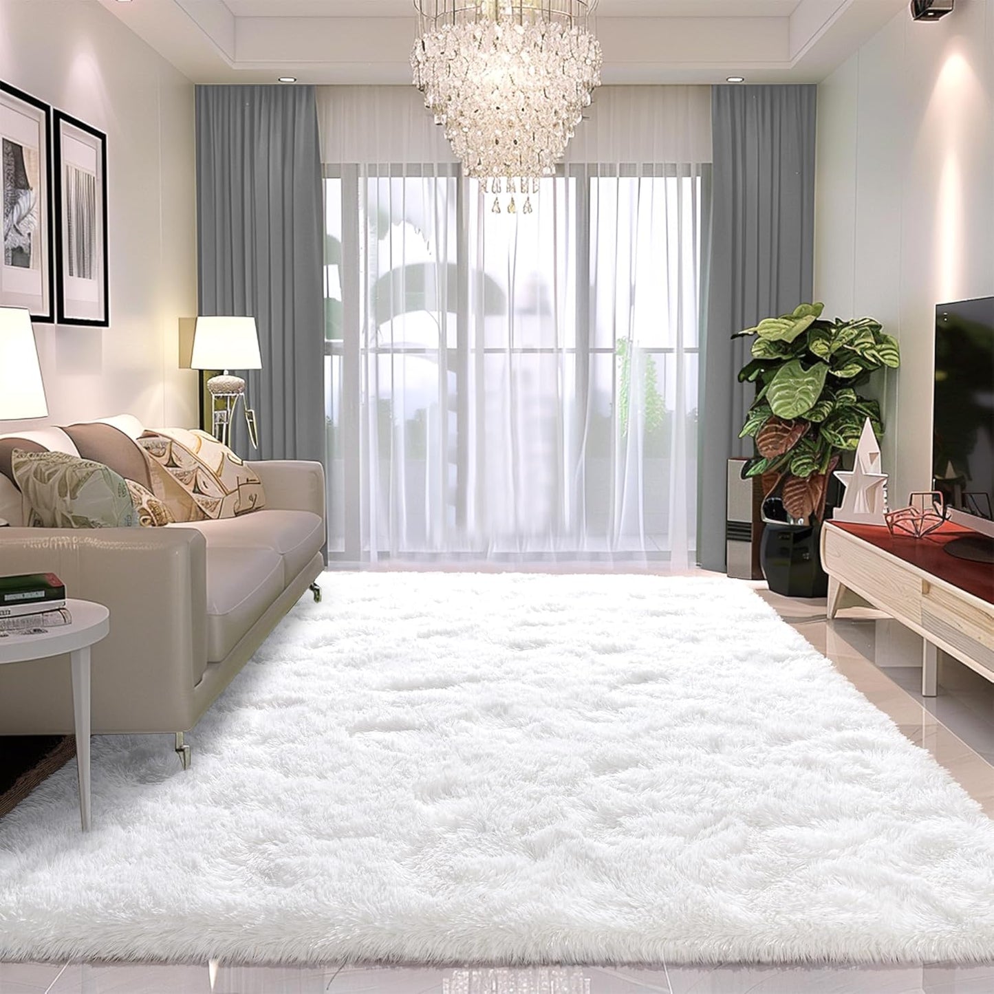 8x10 Fluffy Area Rug for Living Room - Plush White Carpet