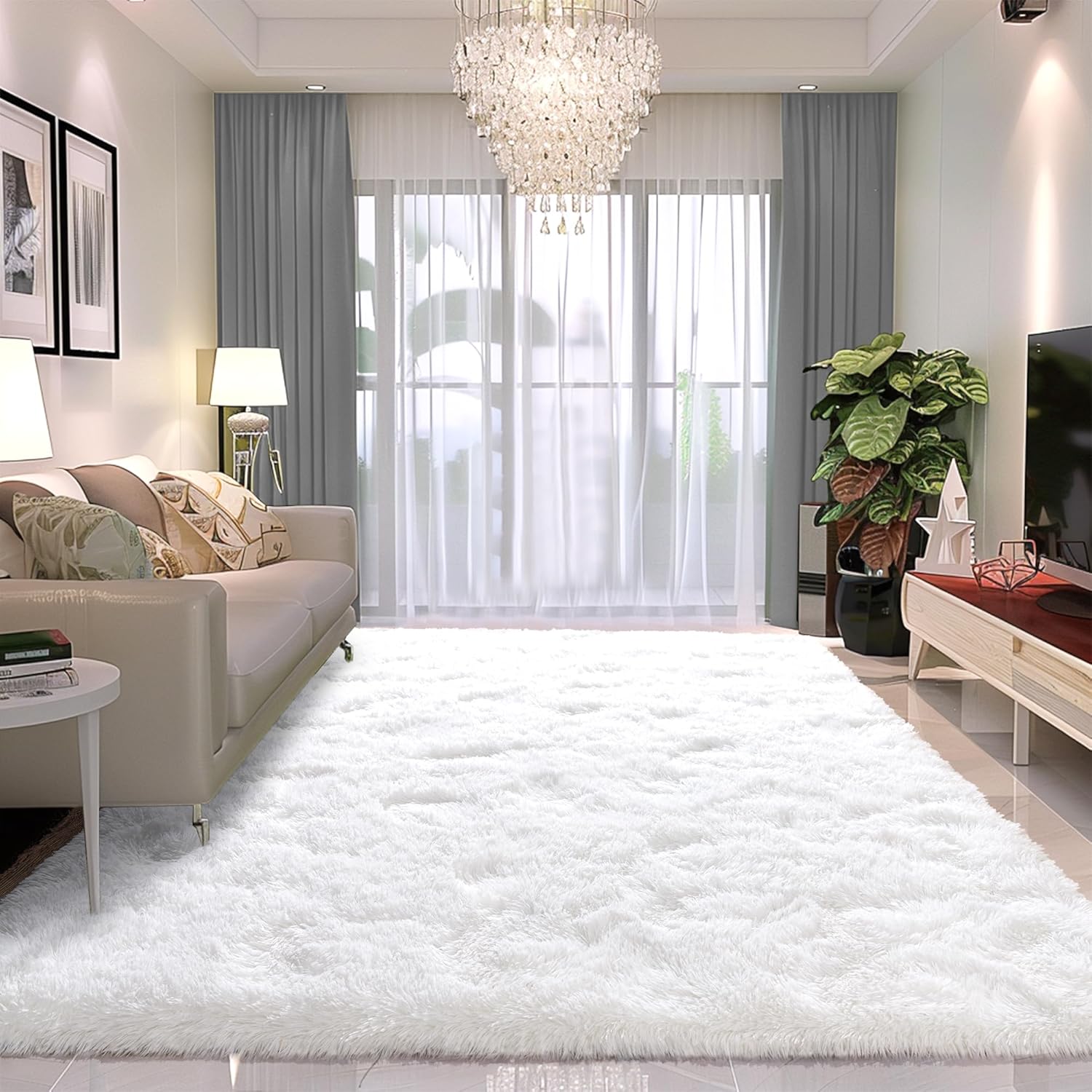 8x10 Fluffy Area Rug for Living Room - Plush White Carpet