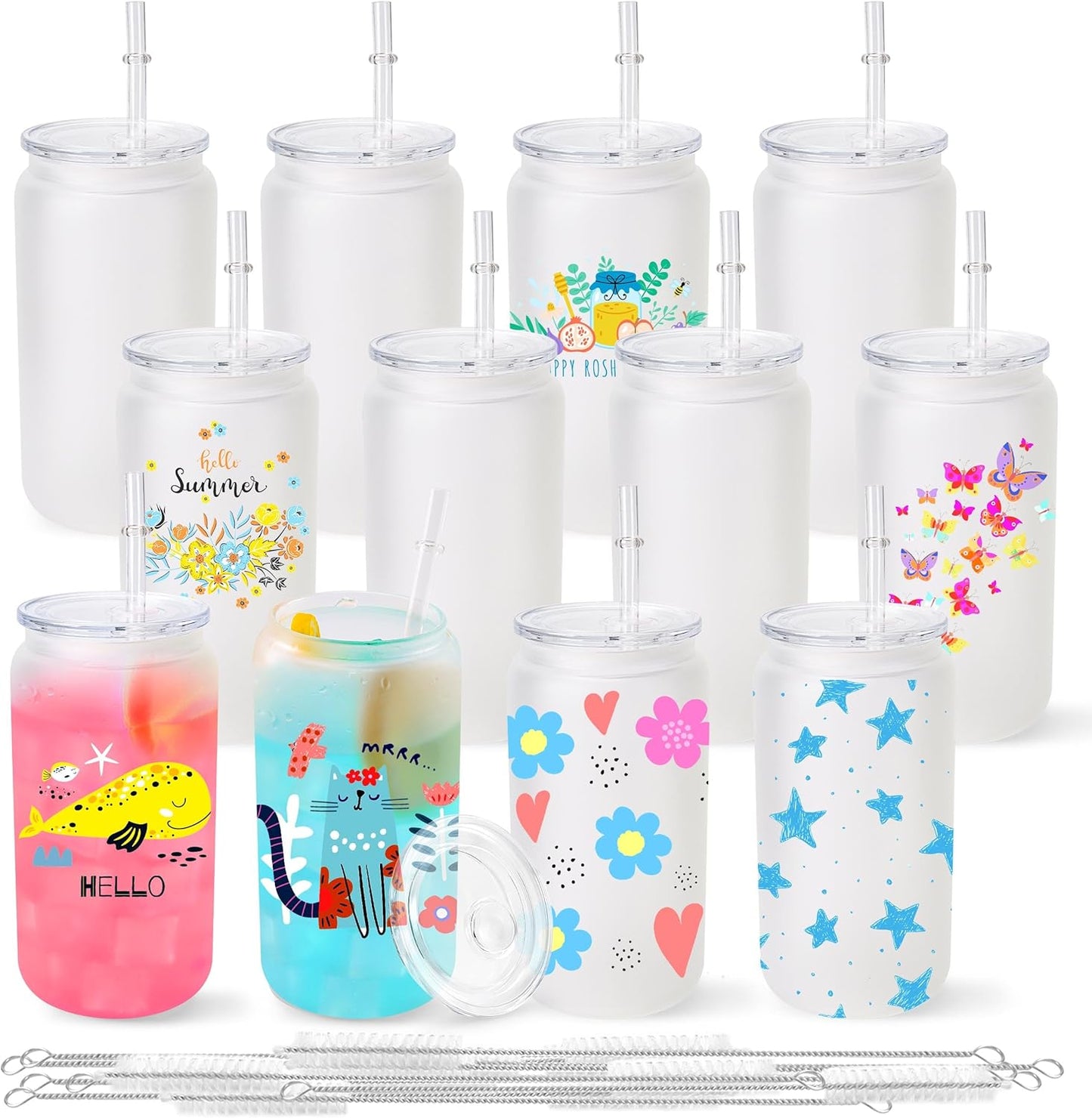 Sublimation Glass Cups 16 OZ Frosted Cans with Lids for DIY