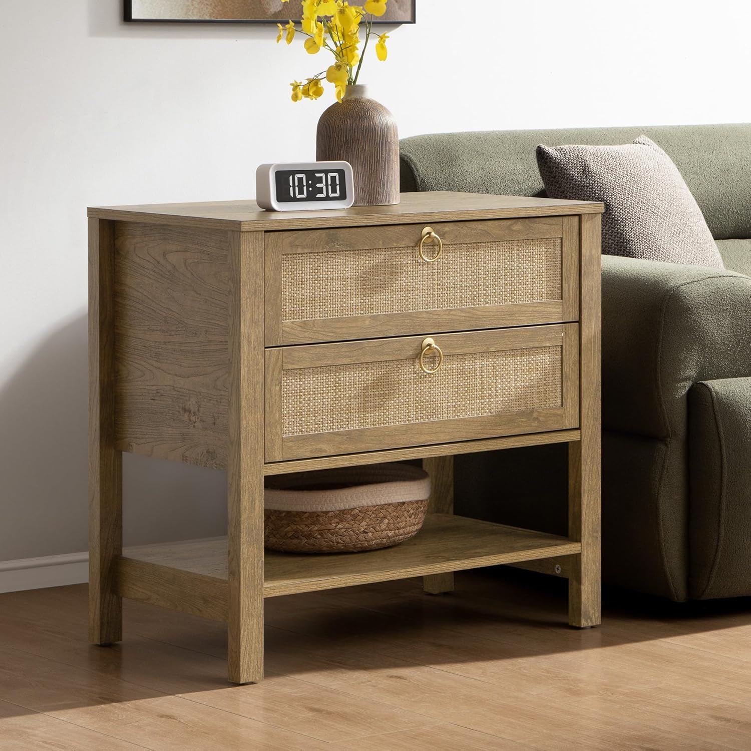 SICOTAS Night Stand with Drawers and Rattan Storage Shelf