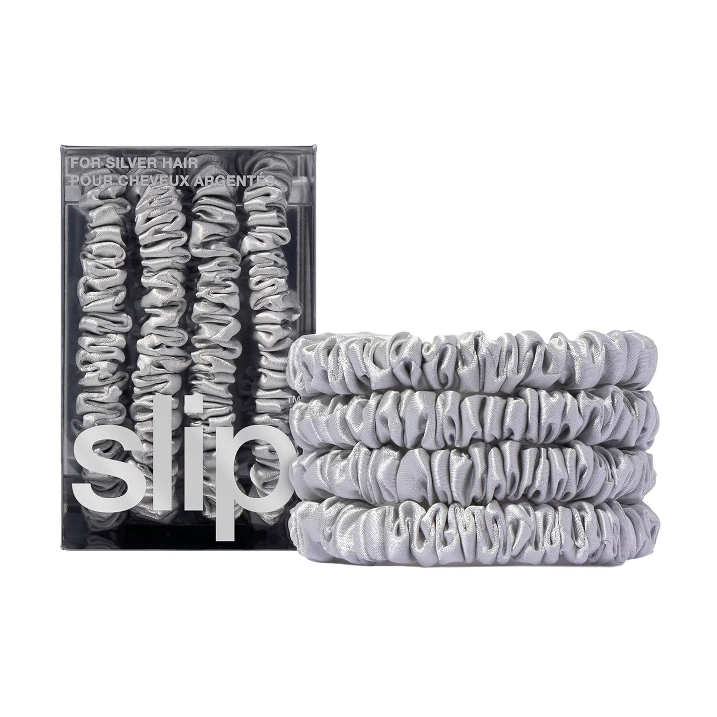 Slip Silk Skinny Scrunchies Set of 4 in Elegant Silver