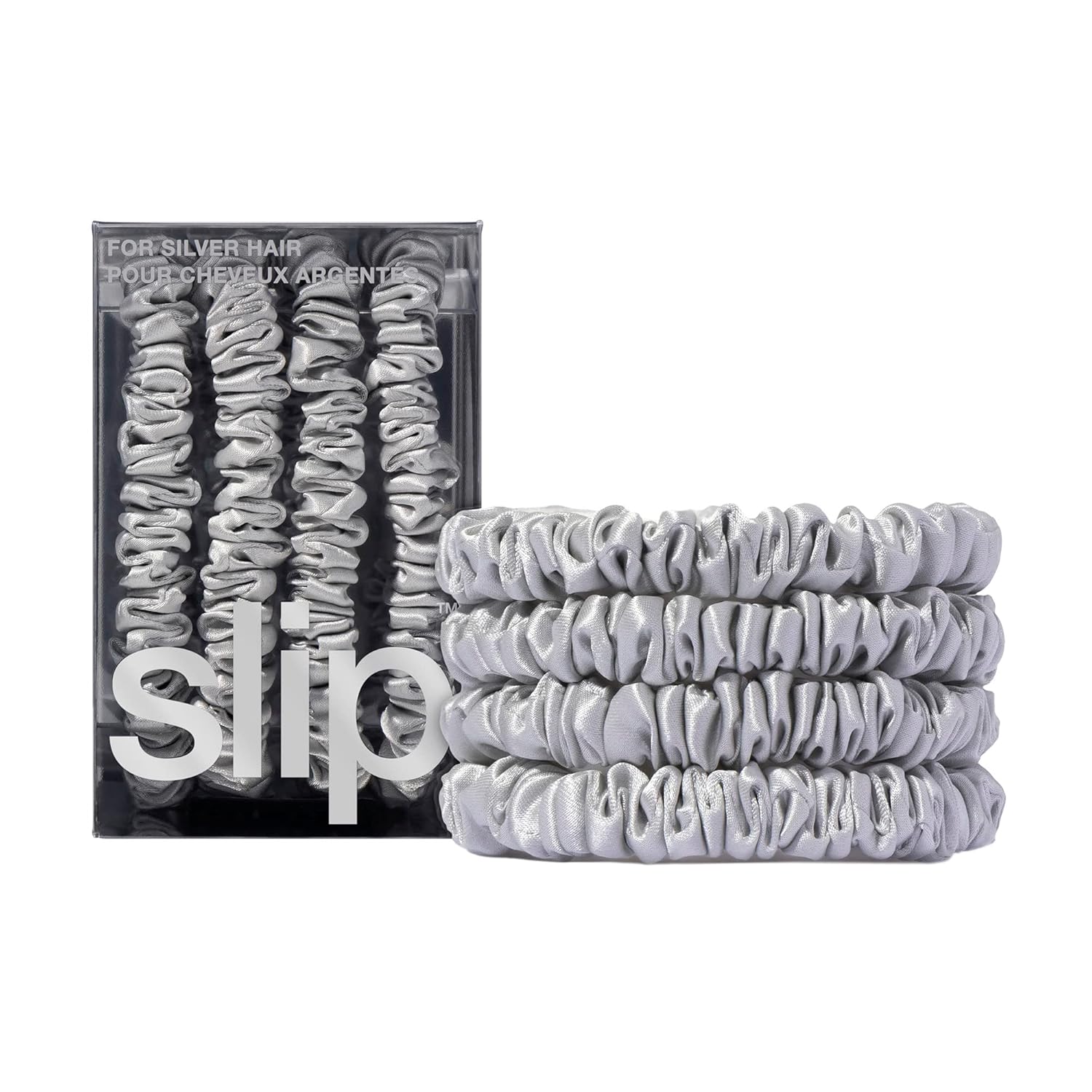 Slip Silk Skinny Scrunchies Set of 4 in Elegant Silver