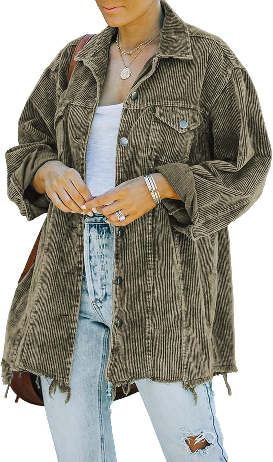 Casual Oversized Button Down Corduroy Shirt Jacket for Women