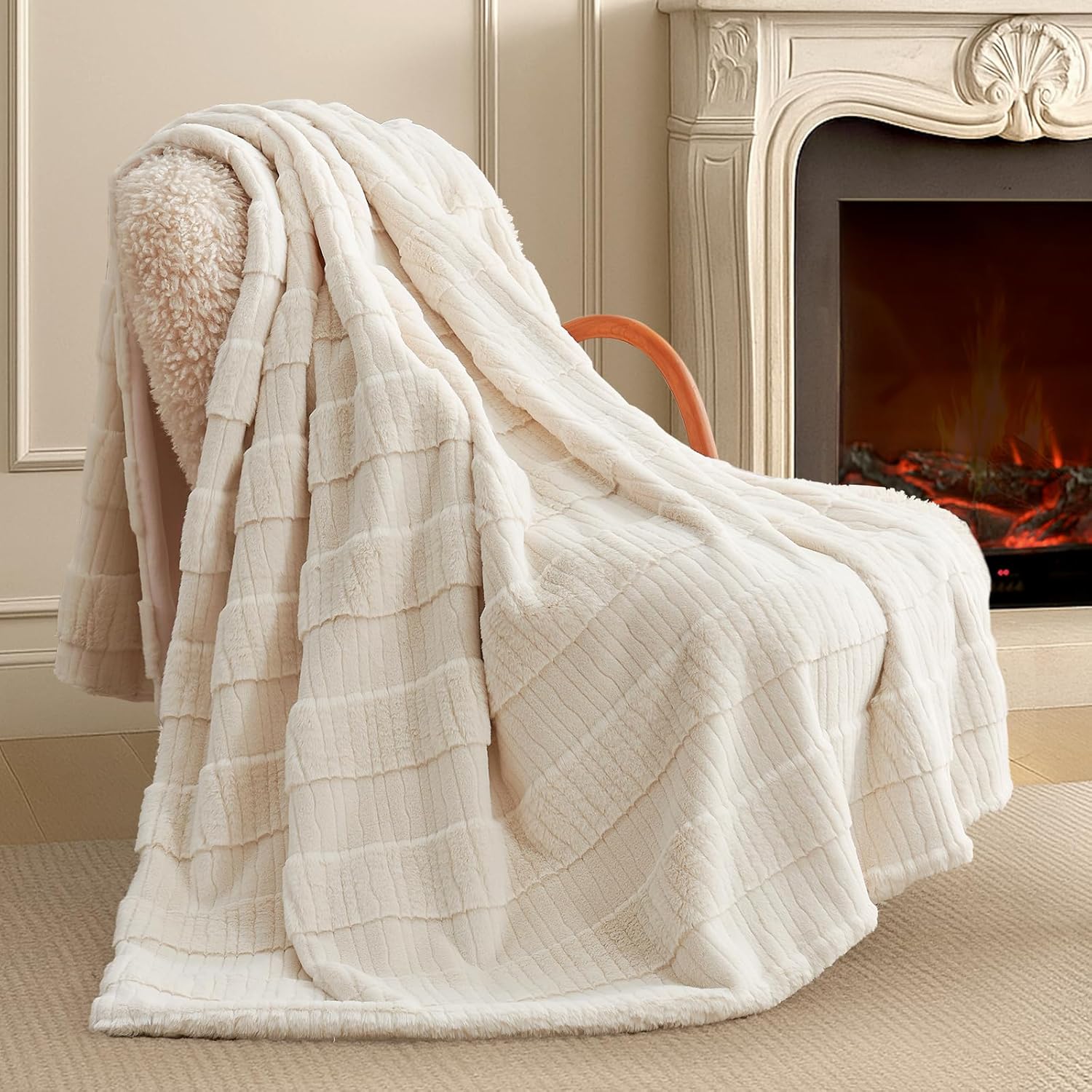Luxury Striped Faux Fur Throw Blanket for Couch and Sofa