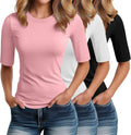 Elbow Length Tee Shirts for Women 3 Pack - Slim Fit Basic Crewneck