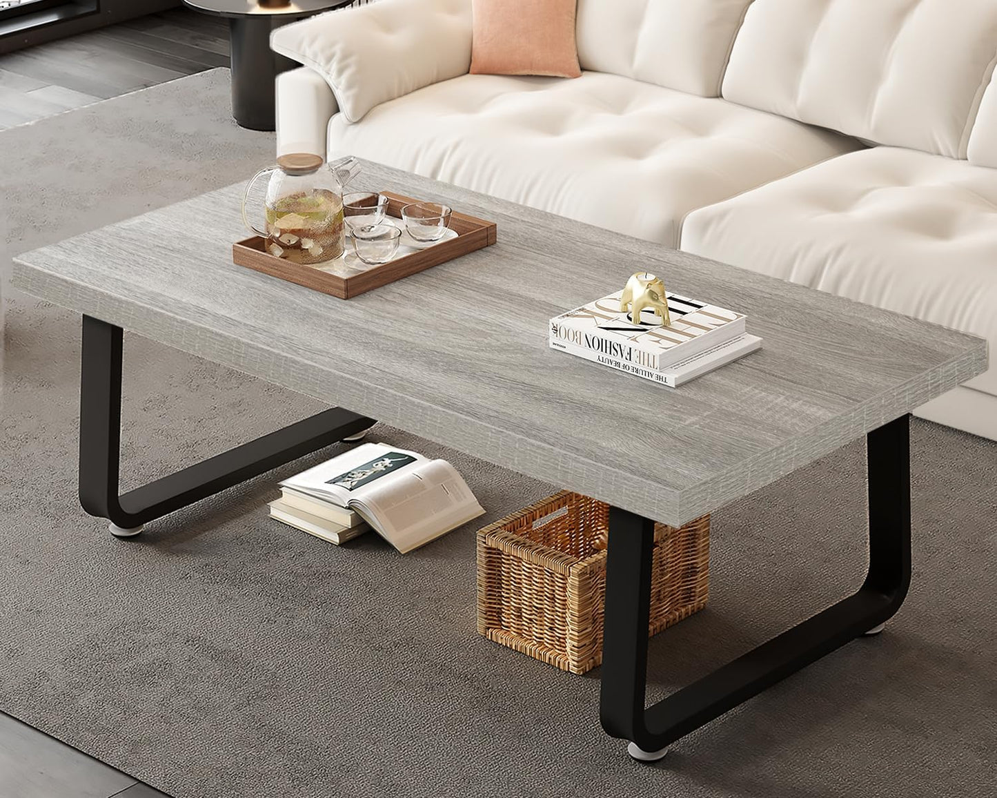 HSH Modern Industrial Coffee Table, Farmhouse Style, Light Grey Oak