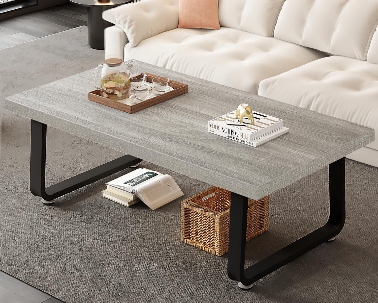 HSH Modern Industrial Coffee Table, Farmhouse Style, Light Grey Oak