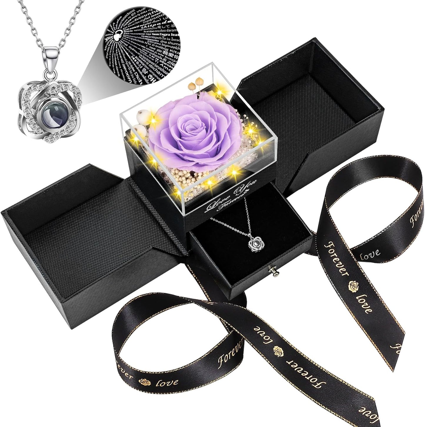 Preserved Light Purple Real Rose with Heart Necklace for Her