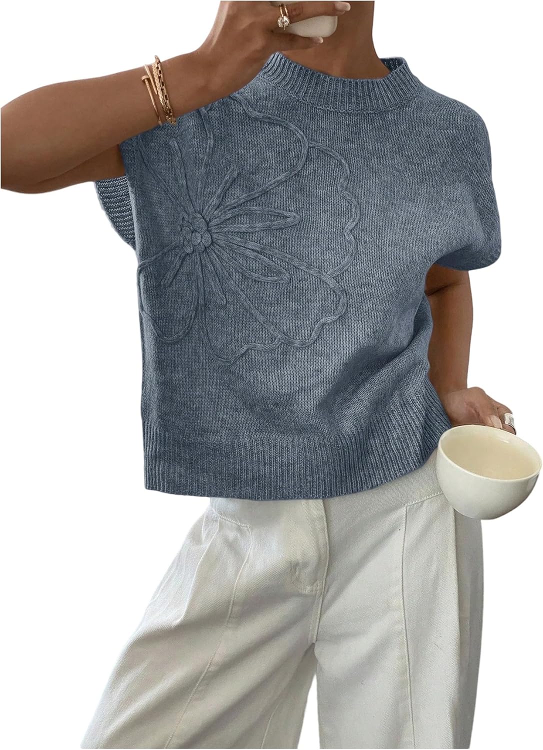 SOLY HUX Women's Ribbed Sweater Crew Neck Short Sleeve Top