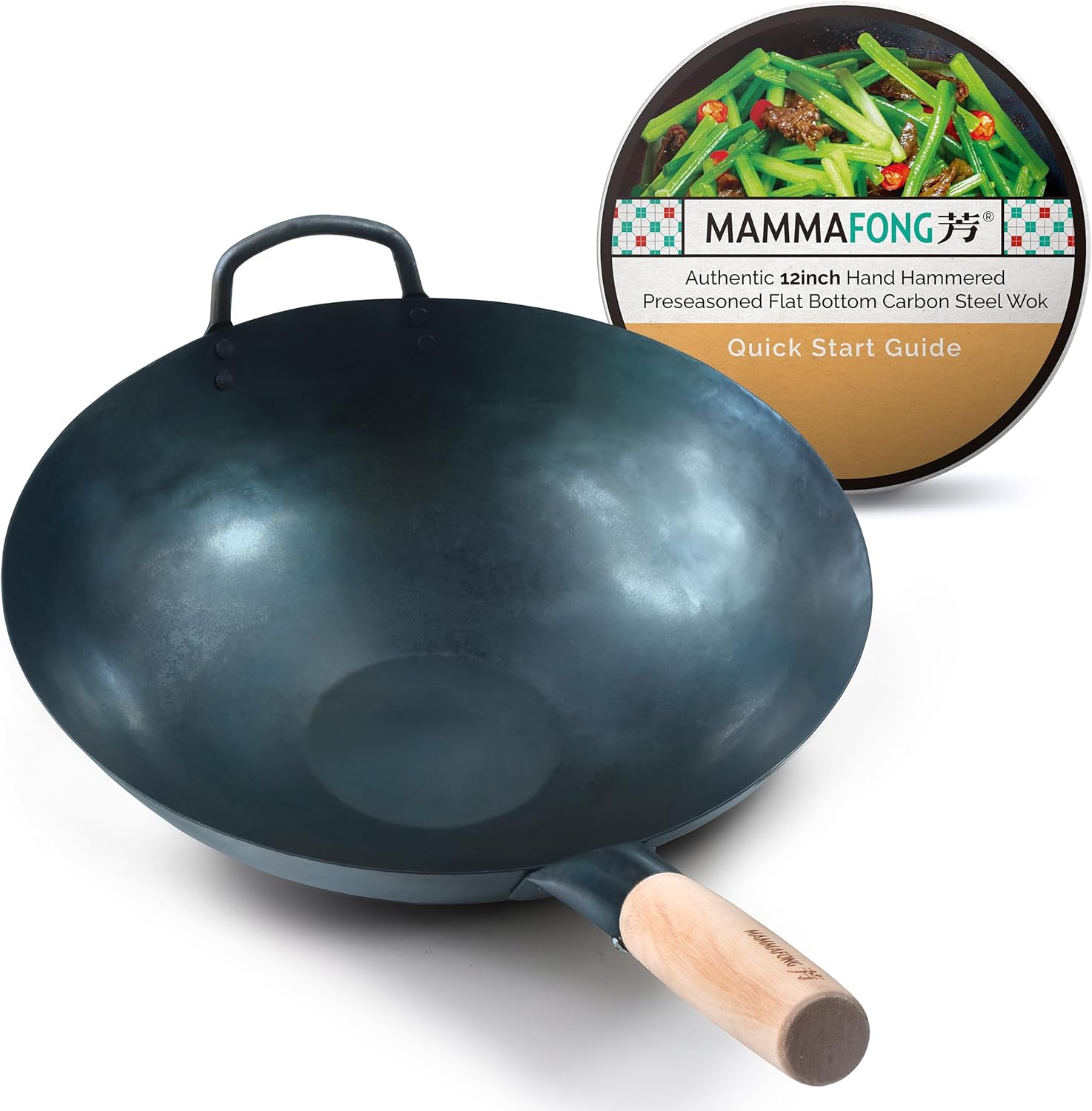 Mammafong Preseasoned Flat Bottom Carbon Steel Wok for Cooking