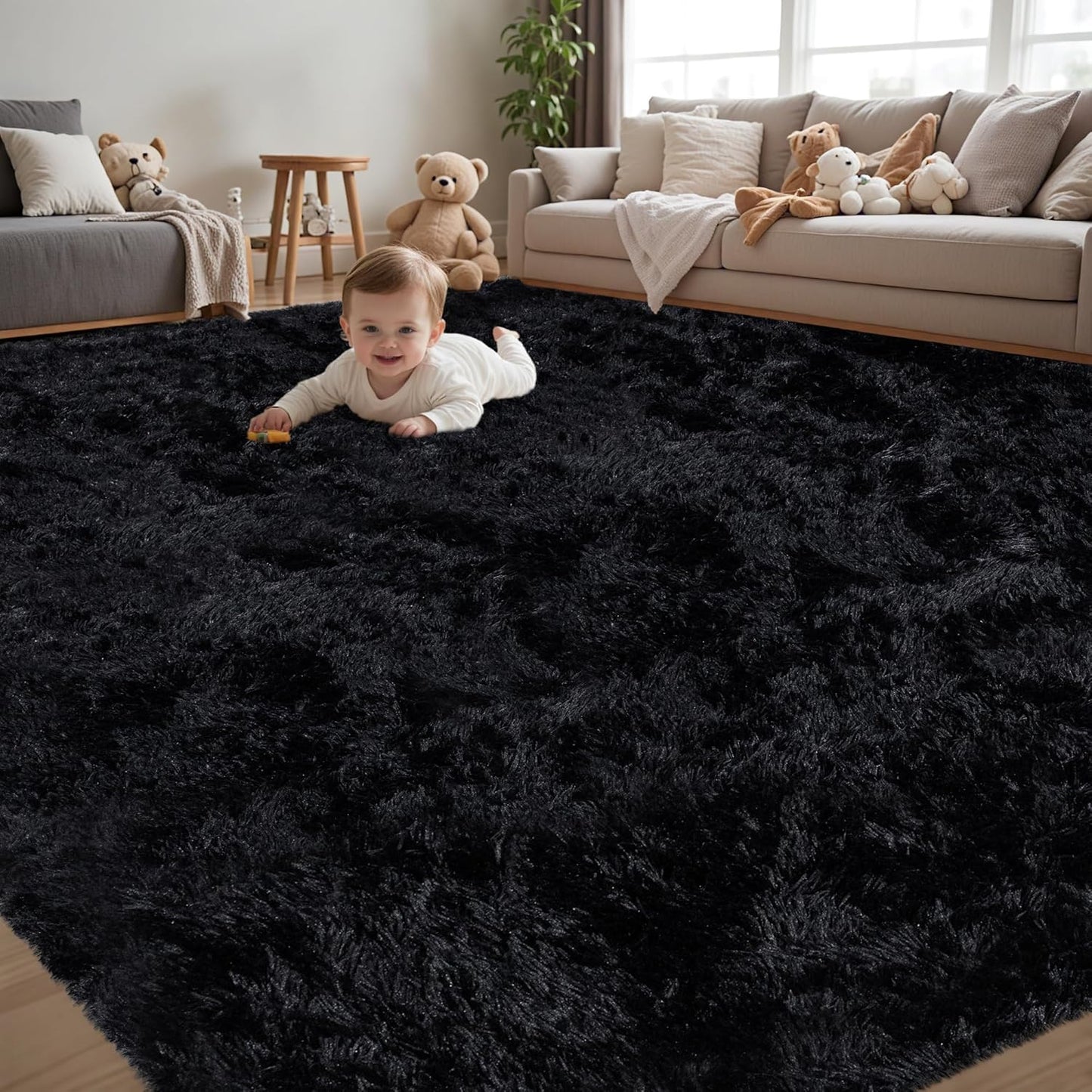 Ultra Soft Fluffy Shag Black Area Rug for Living Room Decor