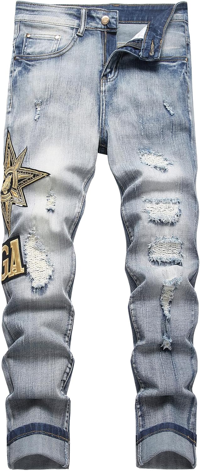 Baylvn Men's Designer Slim Fit Patchwork Jeans for Casual Style