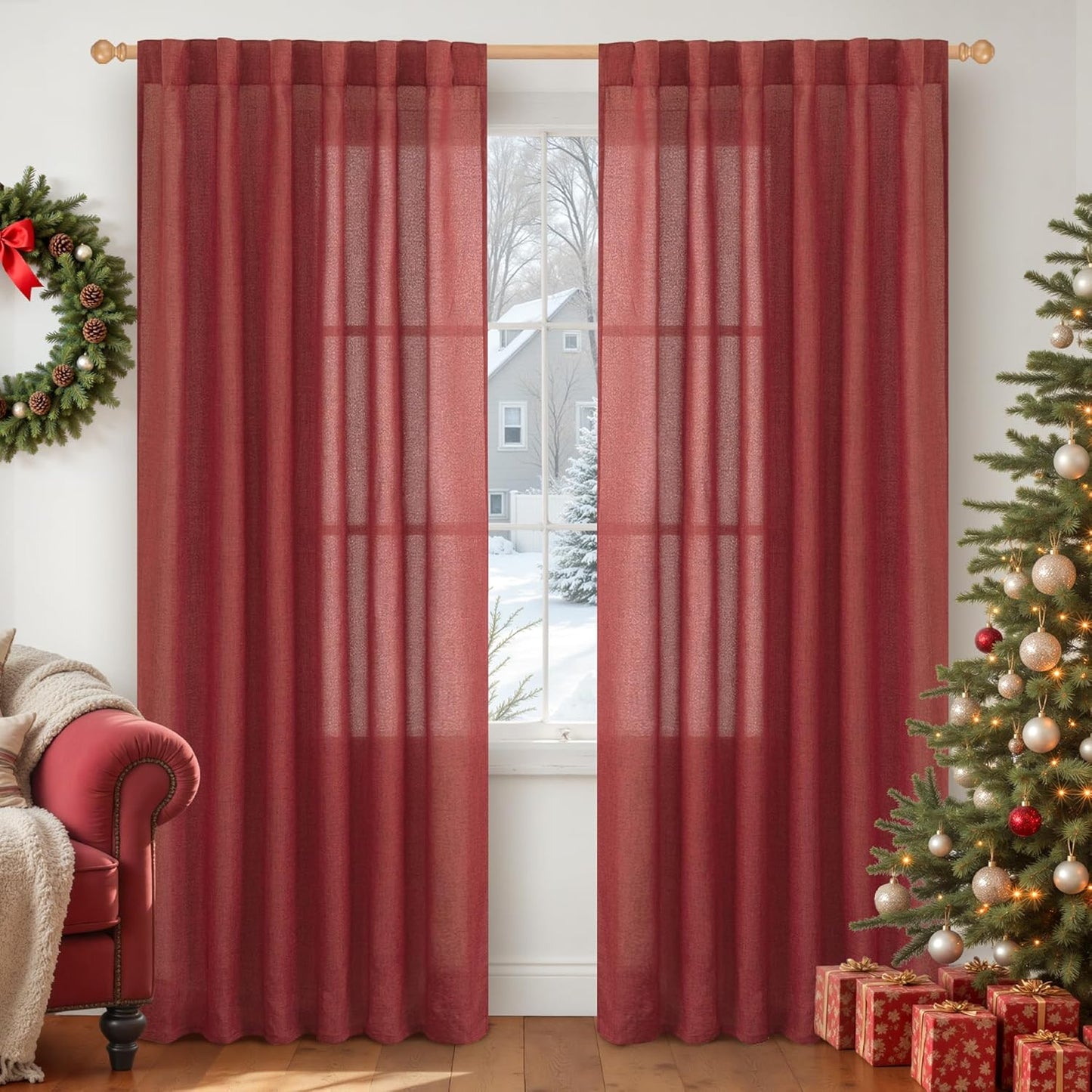 YoungsTex Red Linen Curtains for Living Room, 80 Inch Length