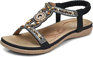Bohemian Beaded Open Toe Sandals for Women - Comfortable Flats