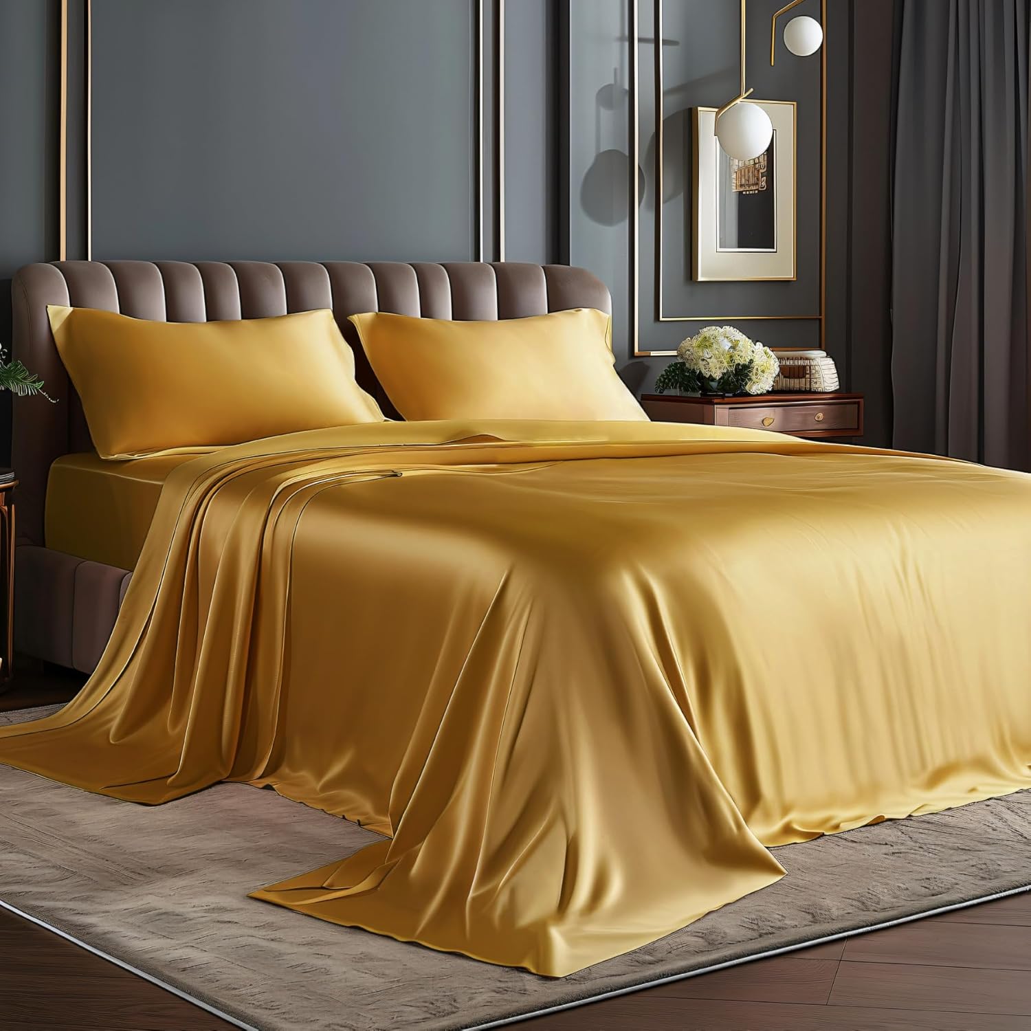 Luxury Soft Gold Satin Sheets Set for Hair and Skin Care