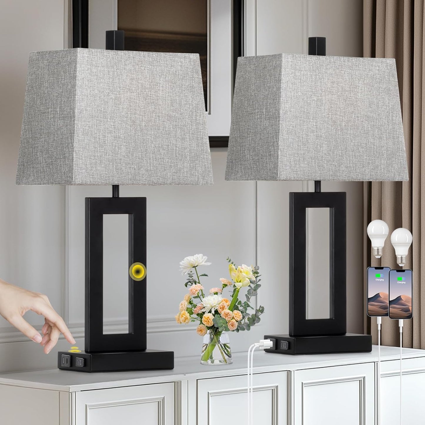 Touch Control Table Lamp Set of 2 with USB Ports and AC Outlet
