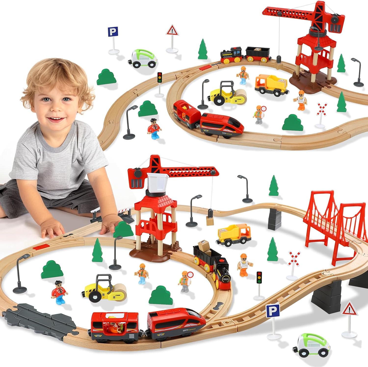 TOY Life Train Set 80pcs with Crane & Locomotive for Kids