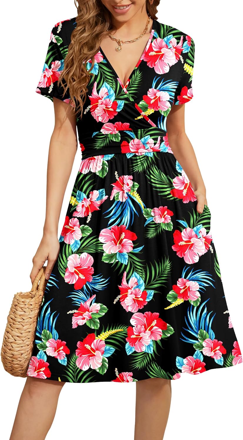 WEACZZY Women's Summer Short Sleeve Floral Party Dress with Pockets