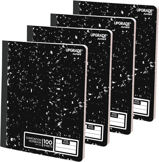 Ink Resistant Wide-Ruled Marble Composition Notebooks, 4-Pack