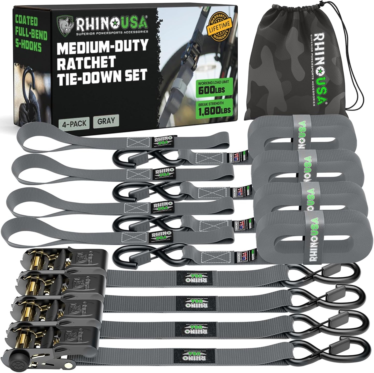 Rhino USA Ratchet Straps Tie Downs - 1 Inch x 15 Feet - 4-Pack
