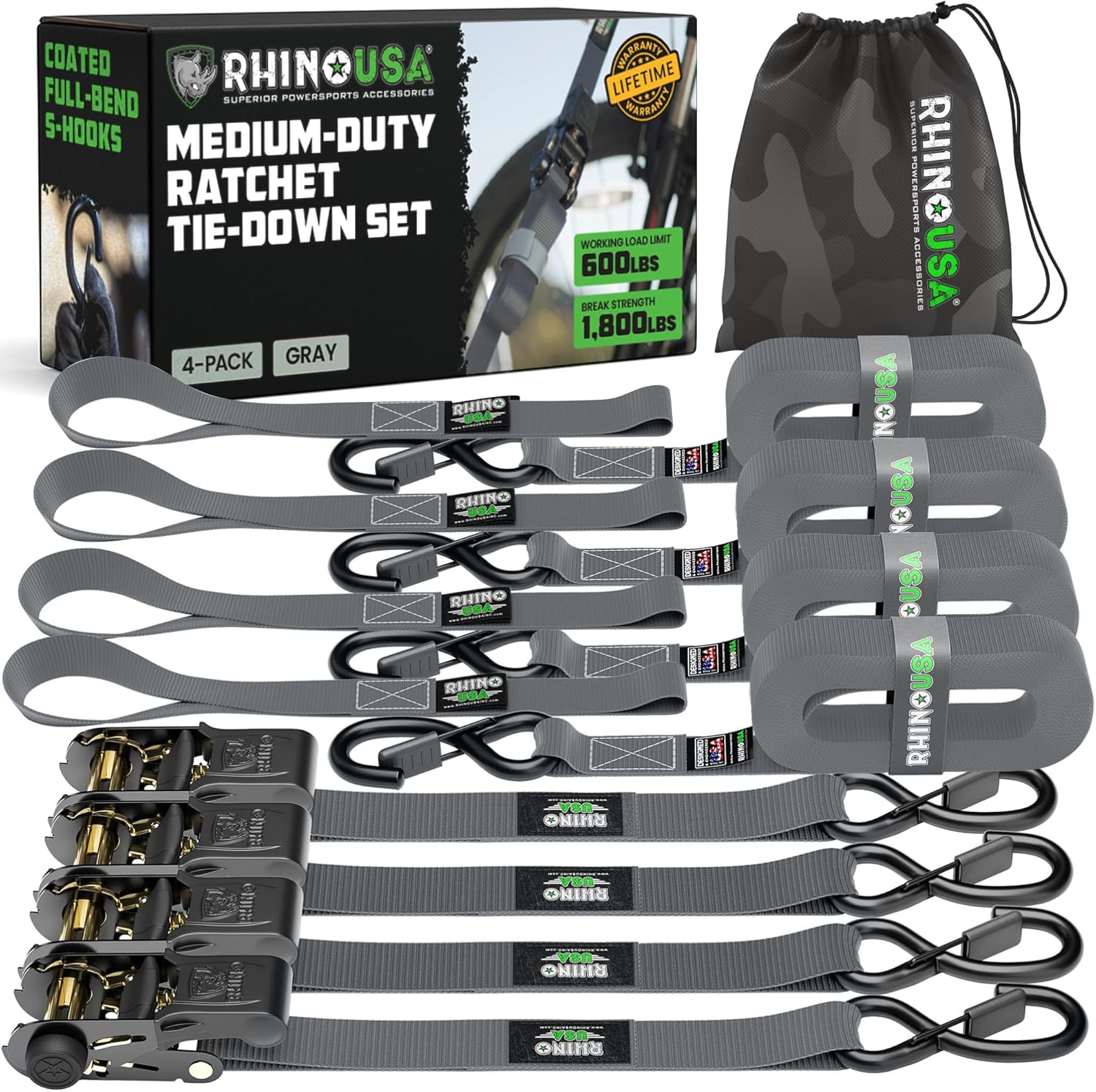 Rhino USA Ratchet Straps Tie Downs - 1 Inch x 15 Feet - 4-Pack
