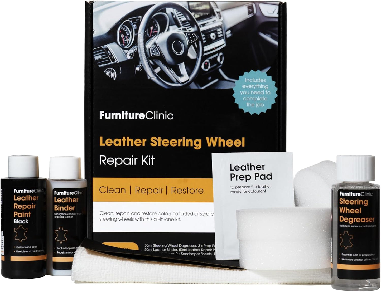 Leather Steering Wheel Repair Kit for Tears, Scuffs, & Scratches