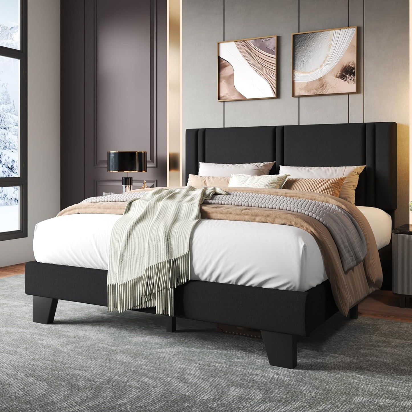 Upholstered Queen Size Bed Frame with Linen Fabric Headboard