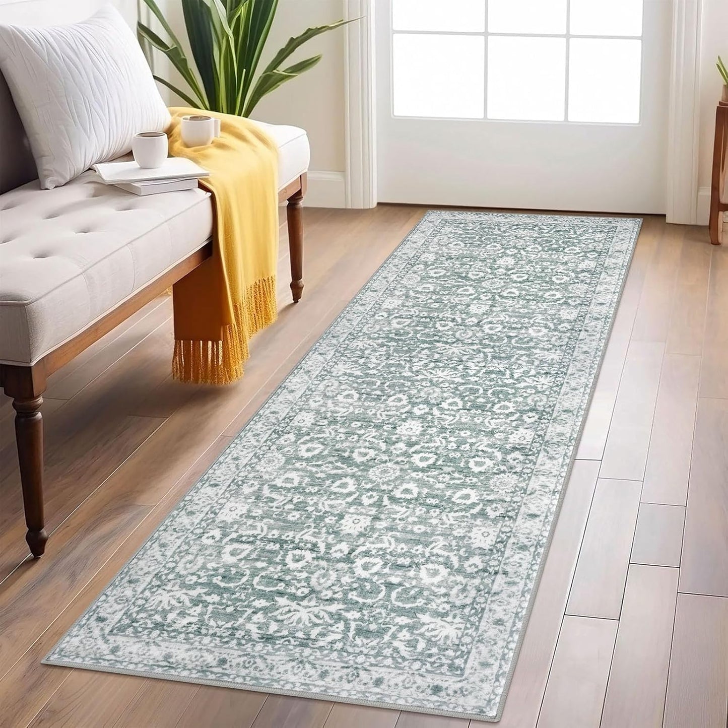 Vintage Floral 2x6 Runner Rug in Sage Green for Home Decor