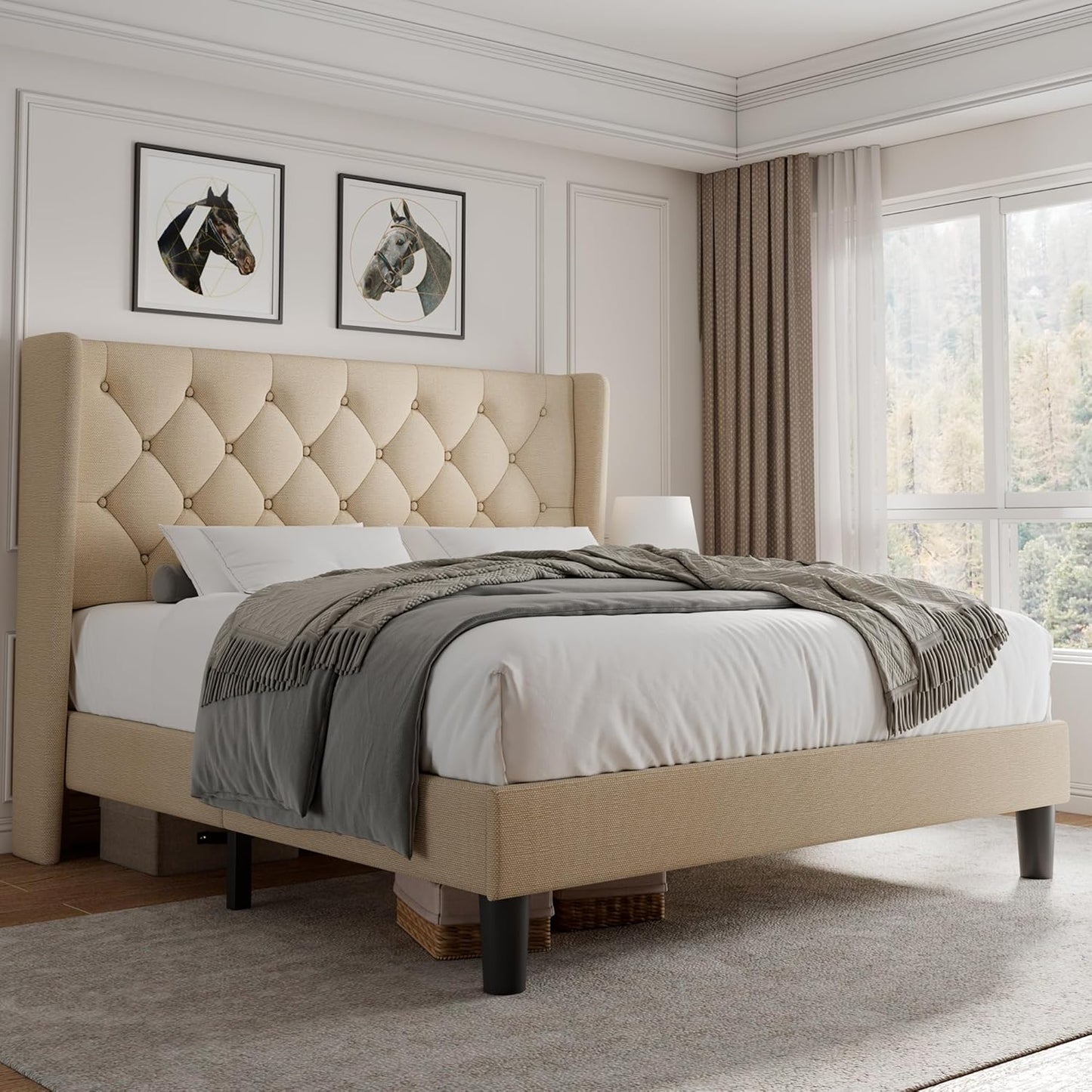 iPormis Full Size Platform Bed Frame with Tufted Headboard