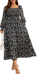 Plus Size Floral Maxi Dress with Smocked Bodice - Flowy A-Line