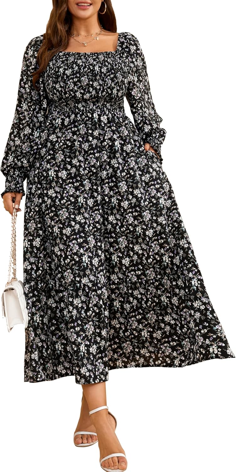 Plus Size Long Sleeve Floral Maxi Dress with Pockets