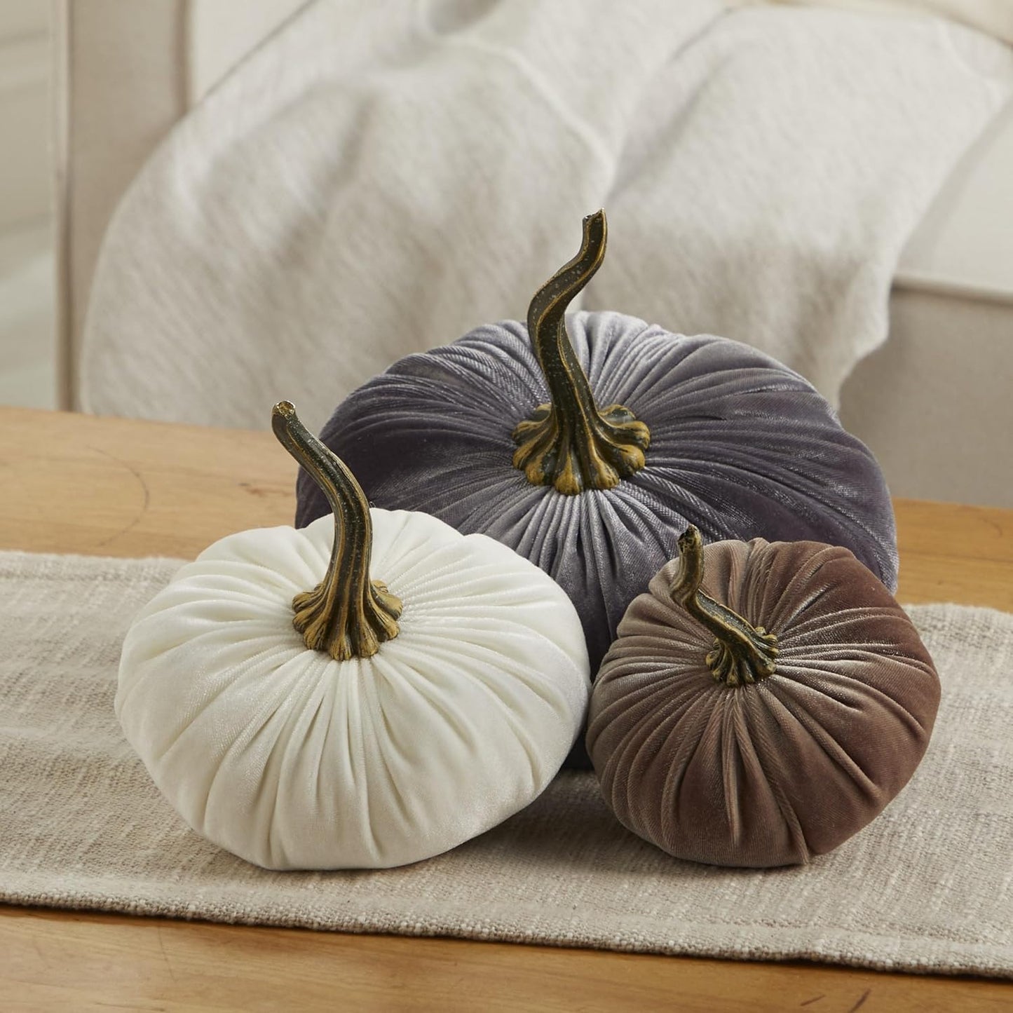 Velvet Pumpkins Set of 3 for Cozy Farmhouse Decor and Fall