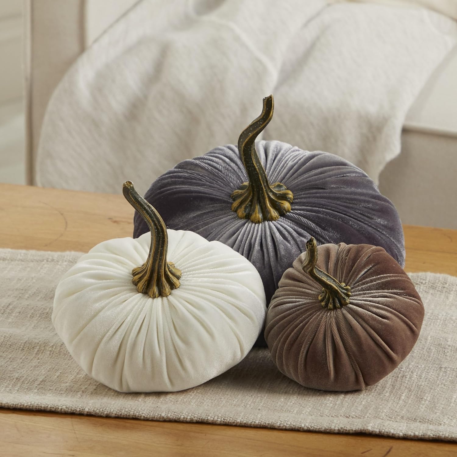 Velvet Pumpkins Set of 3 for Cozy Farmhouse Decor and Fall