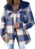Womens Plaid Shacket Jacket Long Sleeve Fleece Hooded - Cozy Fit