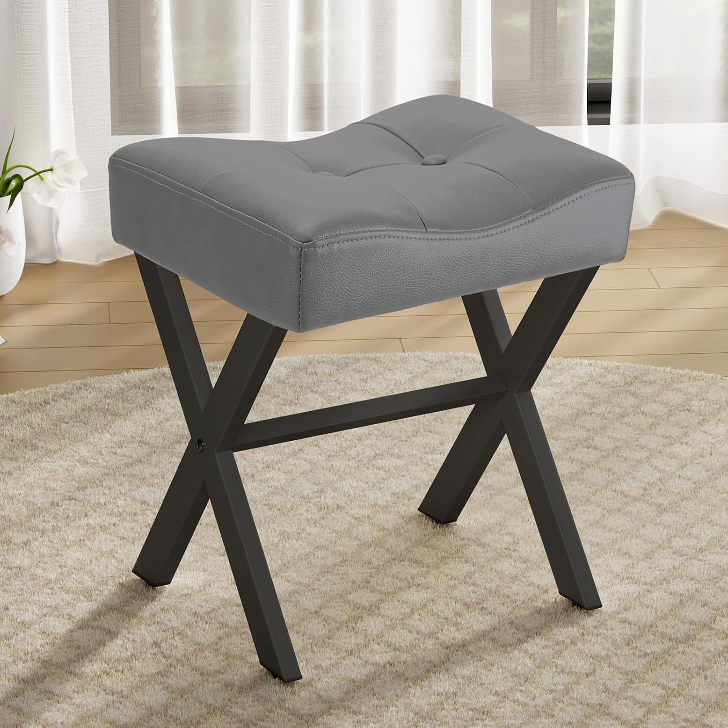 18-Inch Leather Vanity Stool Chair with Metal X-Leg Design