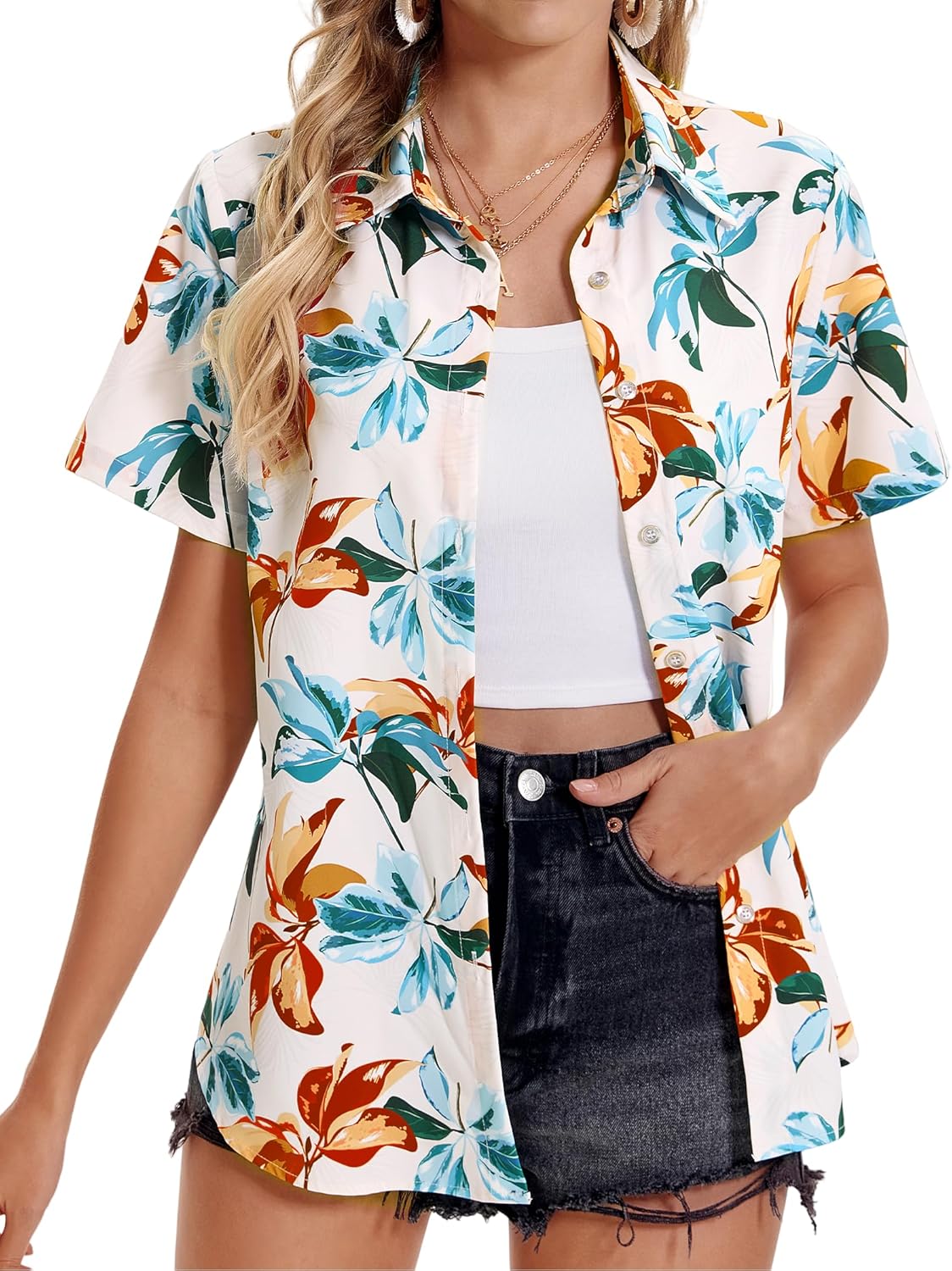 Womens Hawaiian Shirt Soft Cool Summer Floral V Neck Tops