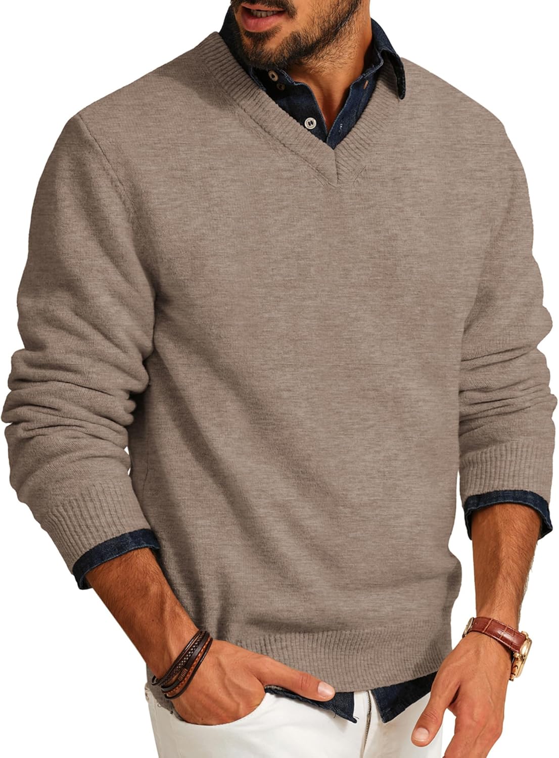 PJ PAUL JONES Mens V Neck Pullover Lightweight Wool Blend Sweater