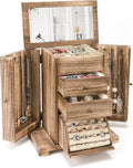 Jewelry Box for Women Rustic Wooden 4-Layer Organizer with Mirror
