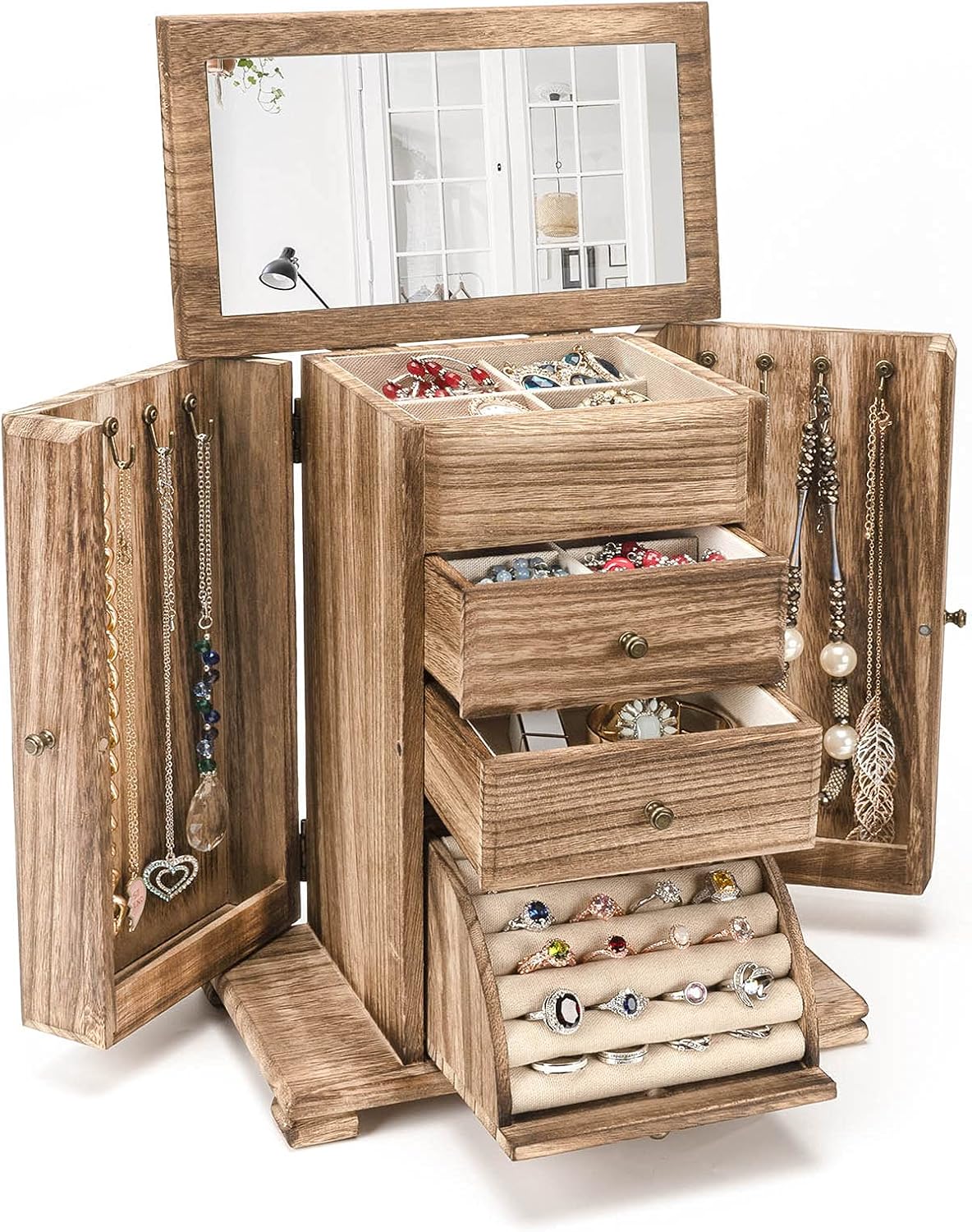 Rustic Wooden Jewelry Box with Mirror for Women - 4 Layer Organizer