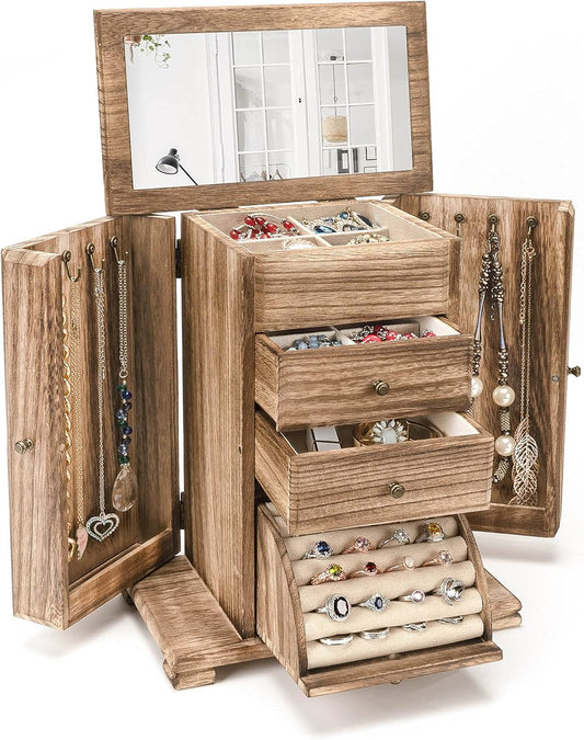 Rustic Wooden Jewelry Box with Mirror for Women - 4 Layer Organizer
