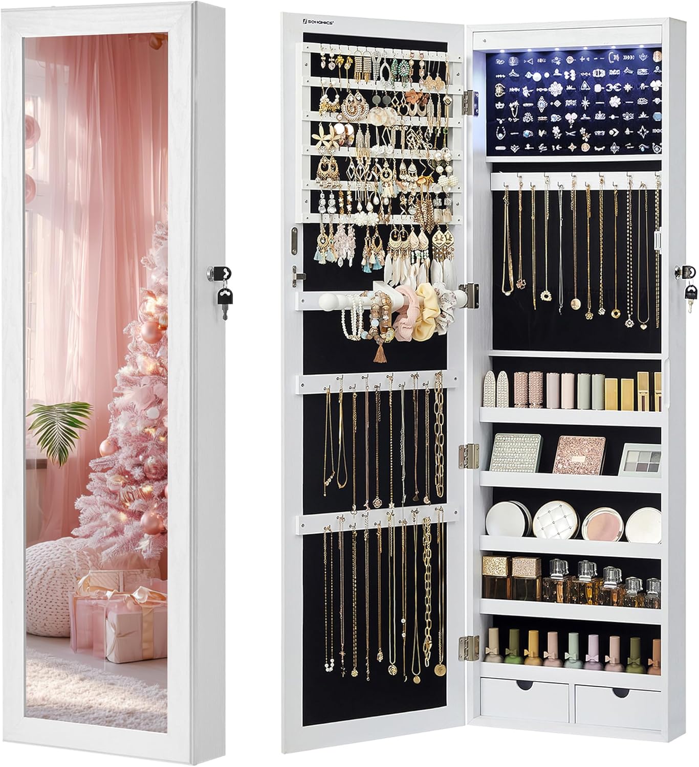 SONGMICS 47.2-Inch Tall Lockable Jewelry Cabinet with Mirror