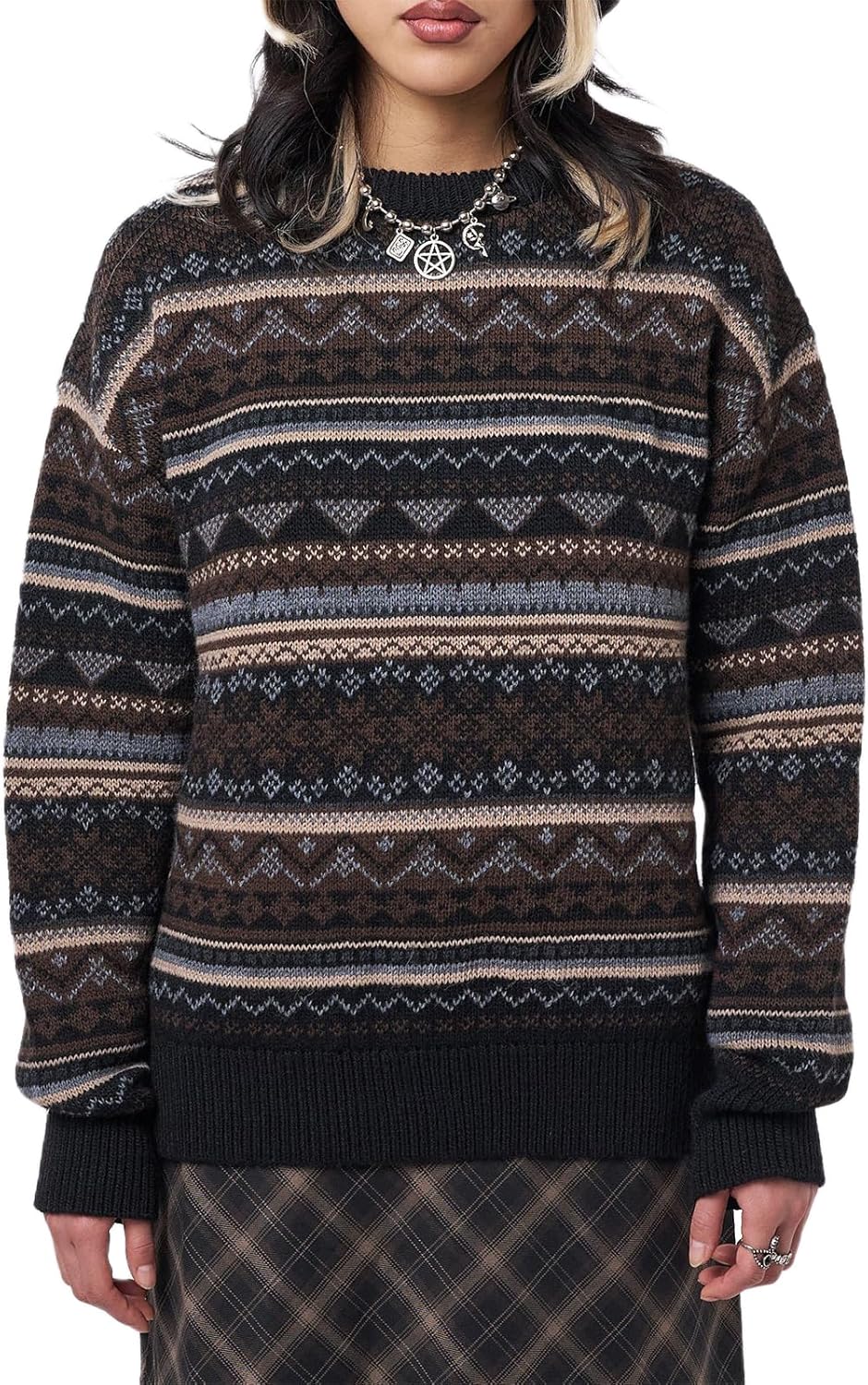 Women Y2K Argyle Striped Pullover Sweater for Vintage Style