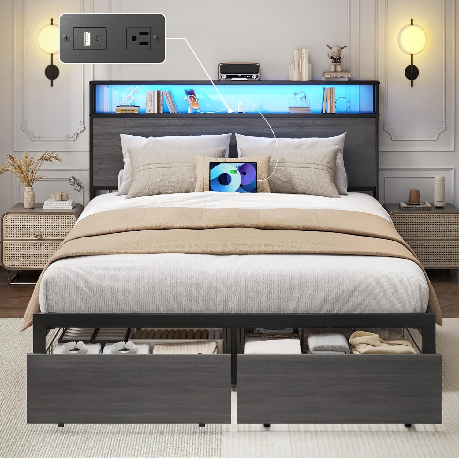 Lifezone Full Bed Frame with Storage Headboard and LED Lights